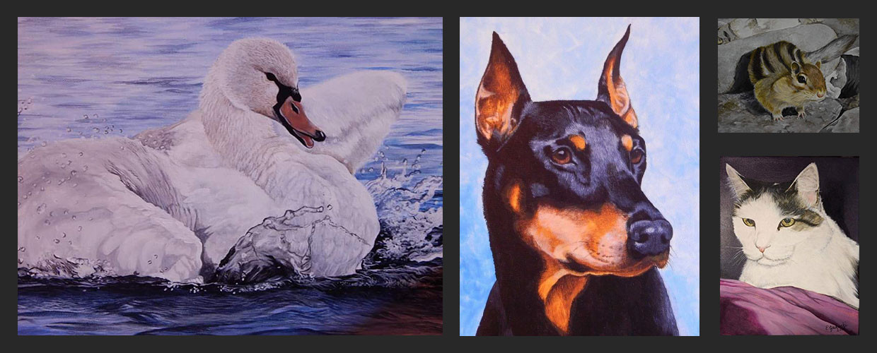 View my art gallery of wildlife paintings, landscapes, and pet portraits of dogs, cats, and birds.